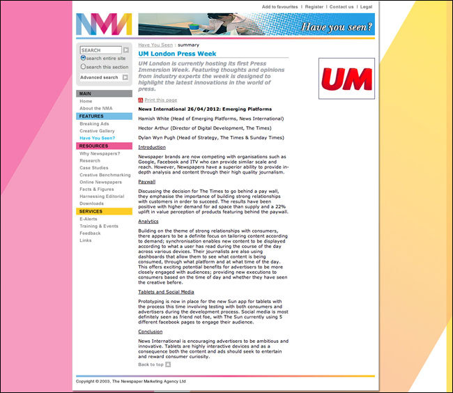 NMA website with 2003 copyright image in the footer