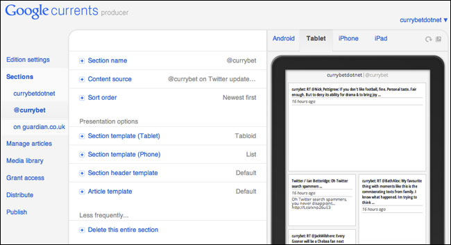 Google Currents using Twitter as a source