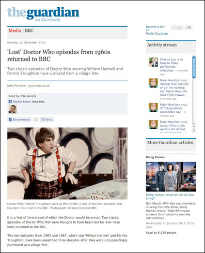 Guardian Facebook app featuring Patrick Troughton as Doctor Who
