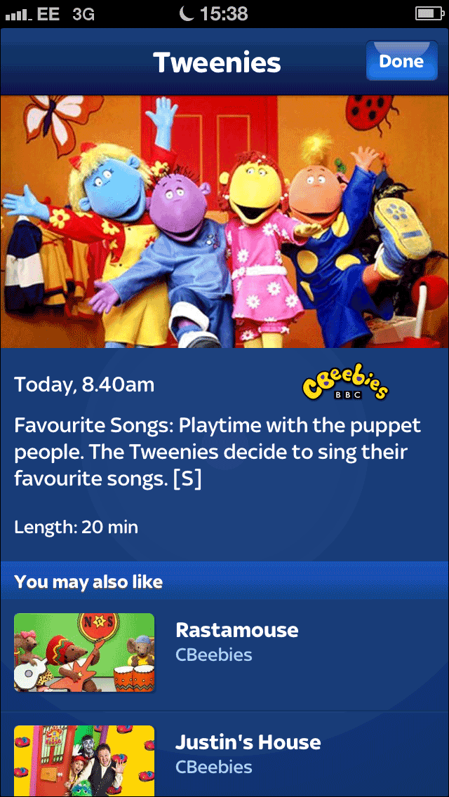 Tweenies listing in the Sky+ iPhone app